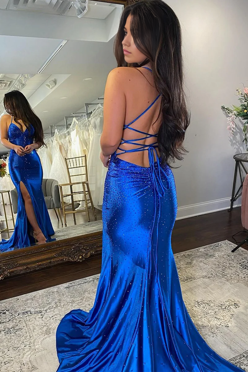 Mermaid V Neck Royal Blue Satin Prom Dress Evening Dresses with Beading